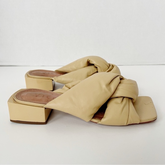 Vicenza Free People Mules Sz 7 Nude Twist Puffy Square Toe Leather Heels Sandals - Picture 4 of 8